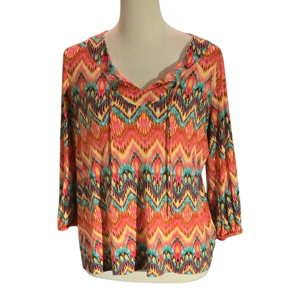Jones New York Sport 3/4 Sleeve Knit Top Blouse Women Sz L Colorful Lightweight - Picture 1 of 11